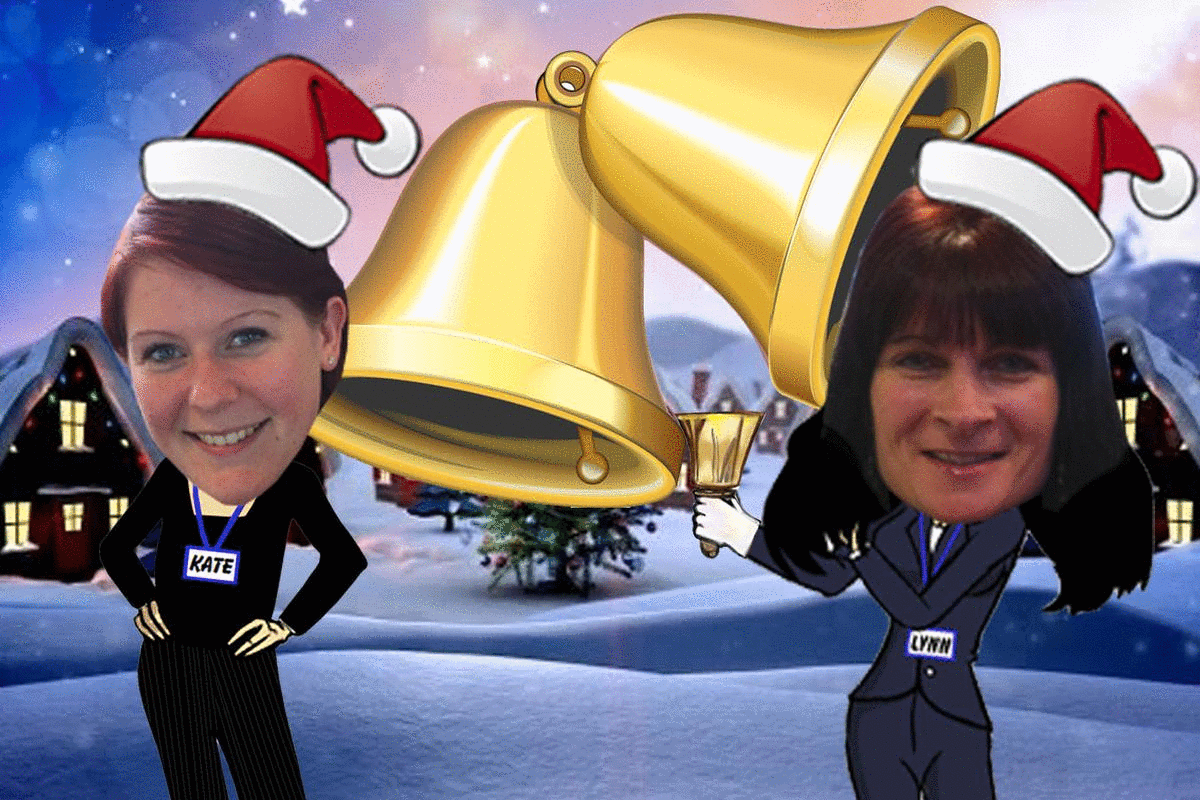 Lynn and Kate ringing bells in the snow