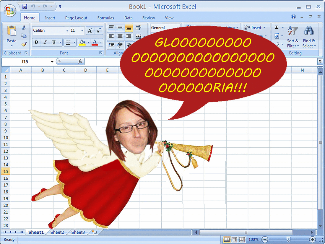 Hannah as an engel floating in front of an Excel spreadsheet